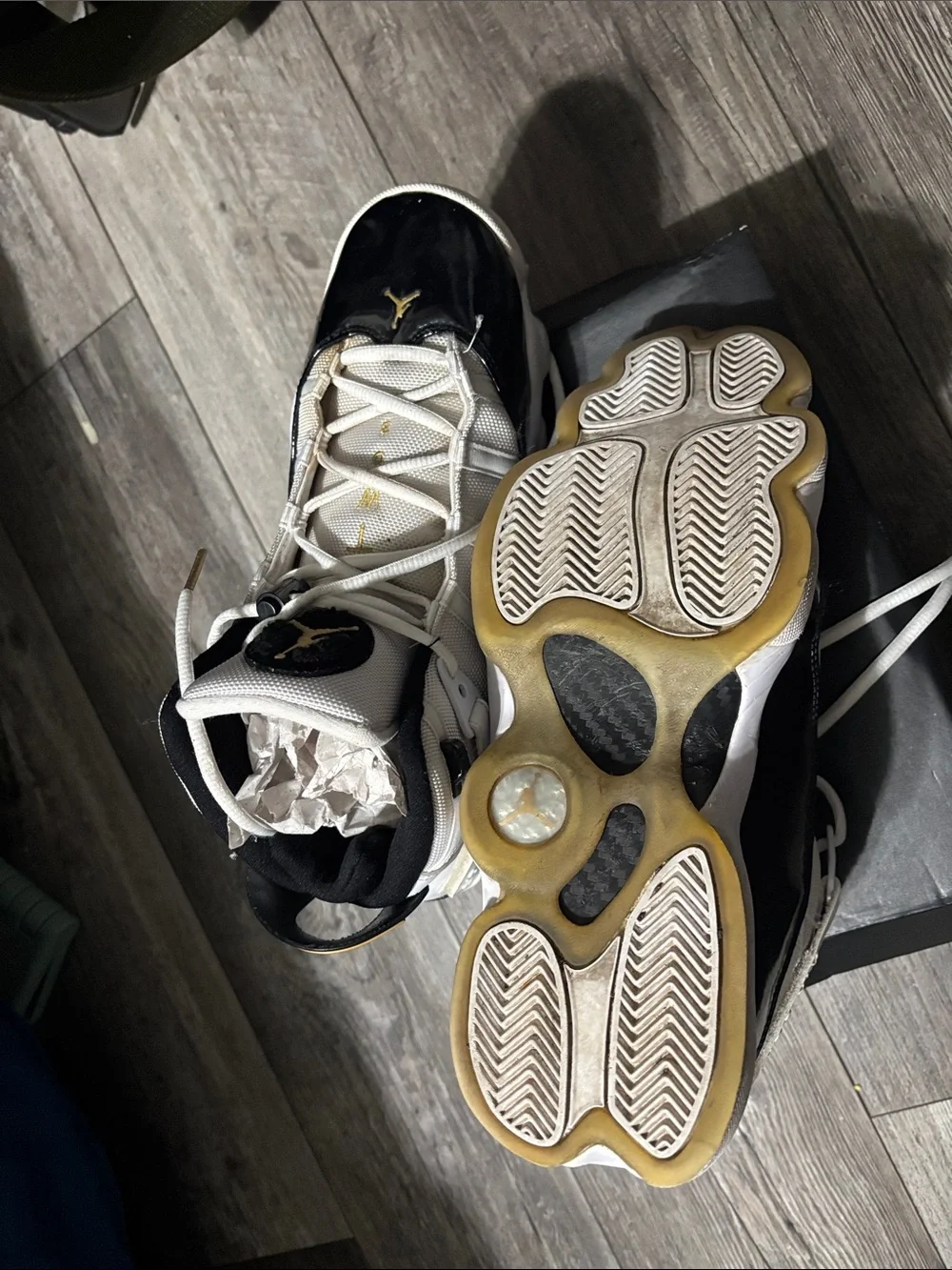 Jordan Retro Basketball Sneakers in White, Black & Gold